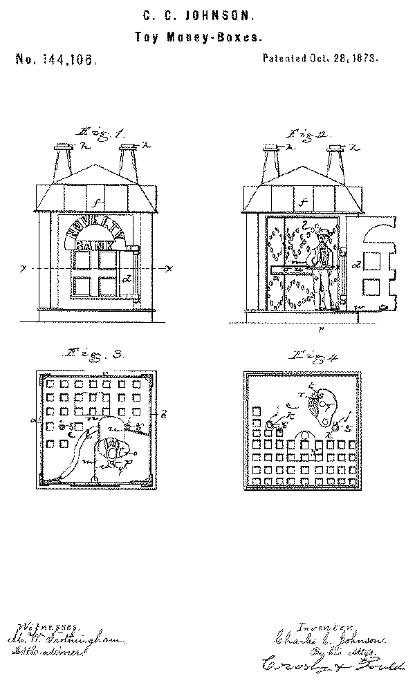 Novelty Bank, Patent Drawing No. 144,106